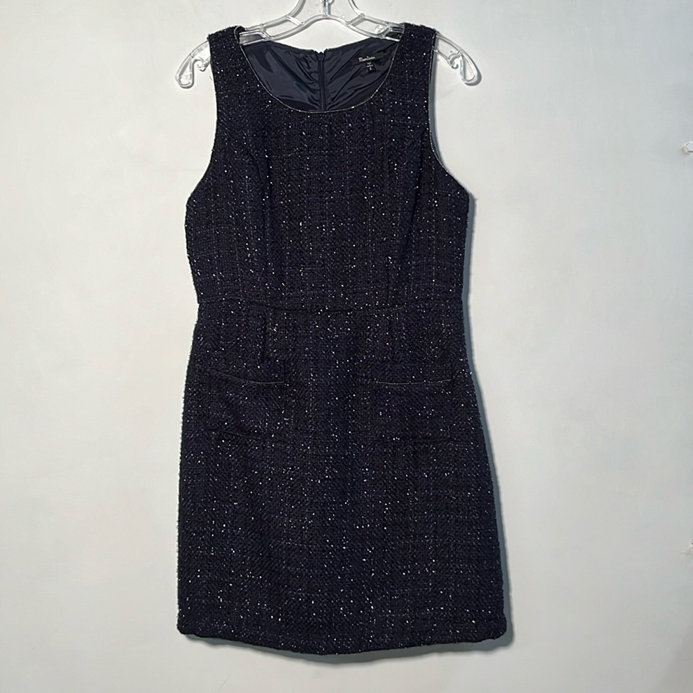 MONTEAU Career Preppy Party Navy Tweed Gold Metallic Thread Sheath Dress SZ L